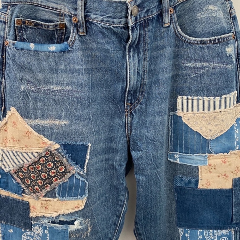 Polo Ralph Lauren Avery Boyfriend heavy Patchwork factory distressed Blue Jeans - Picture 2 of 12